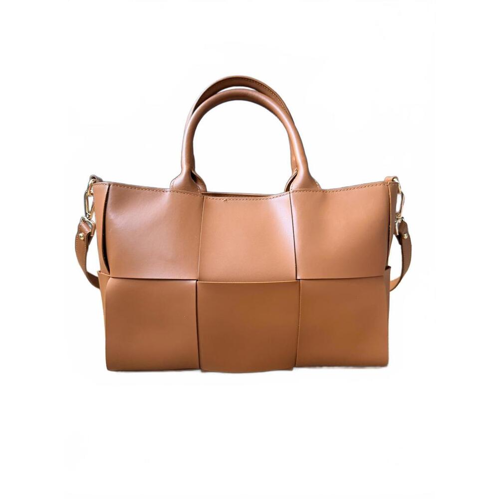 🚫SOLD OUT🚫Valentina Fiore Cognac Leather Woven Panel Tote Bag - Picture 2 of 9